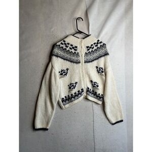 Jamie Scott Vintage Hand Knitted Fair Isle Cardigan Sweater Cream Navy Womens M